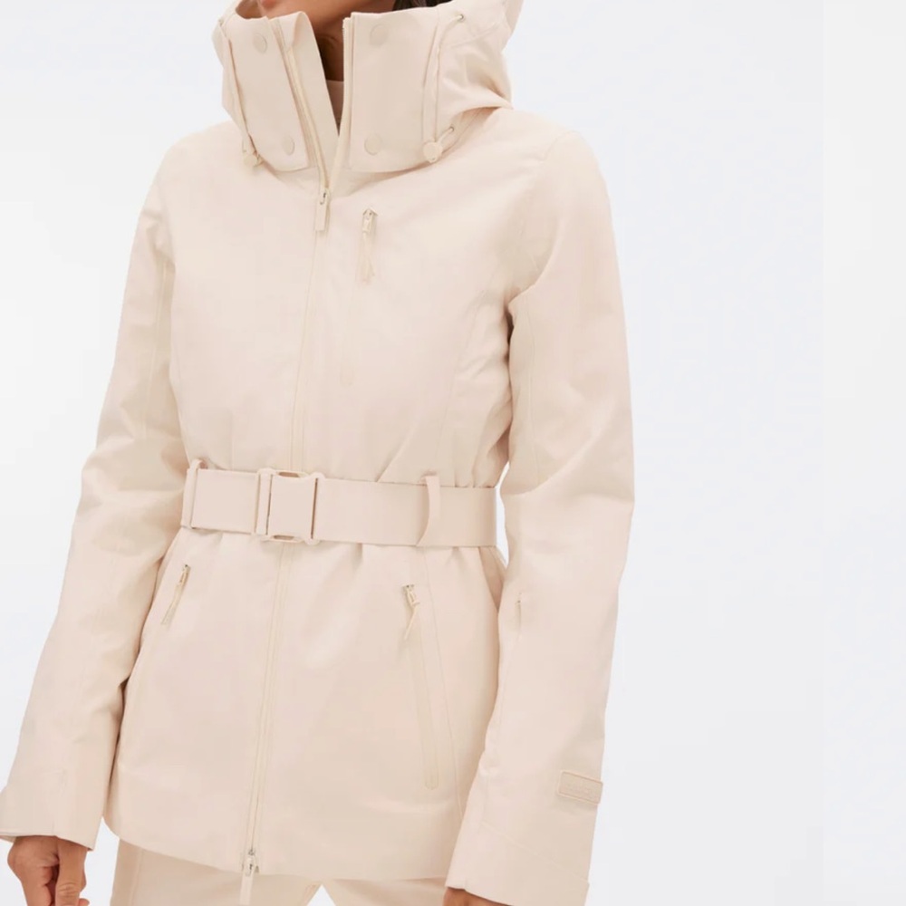 Cream and Green Ski Jacket with Belted Waist and High Collar